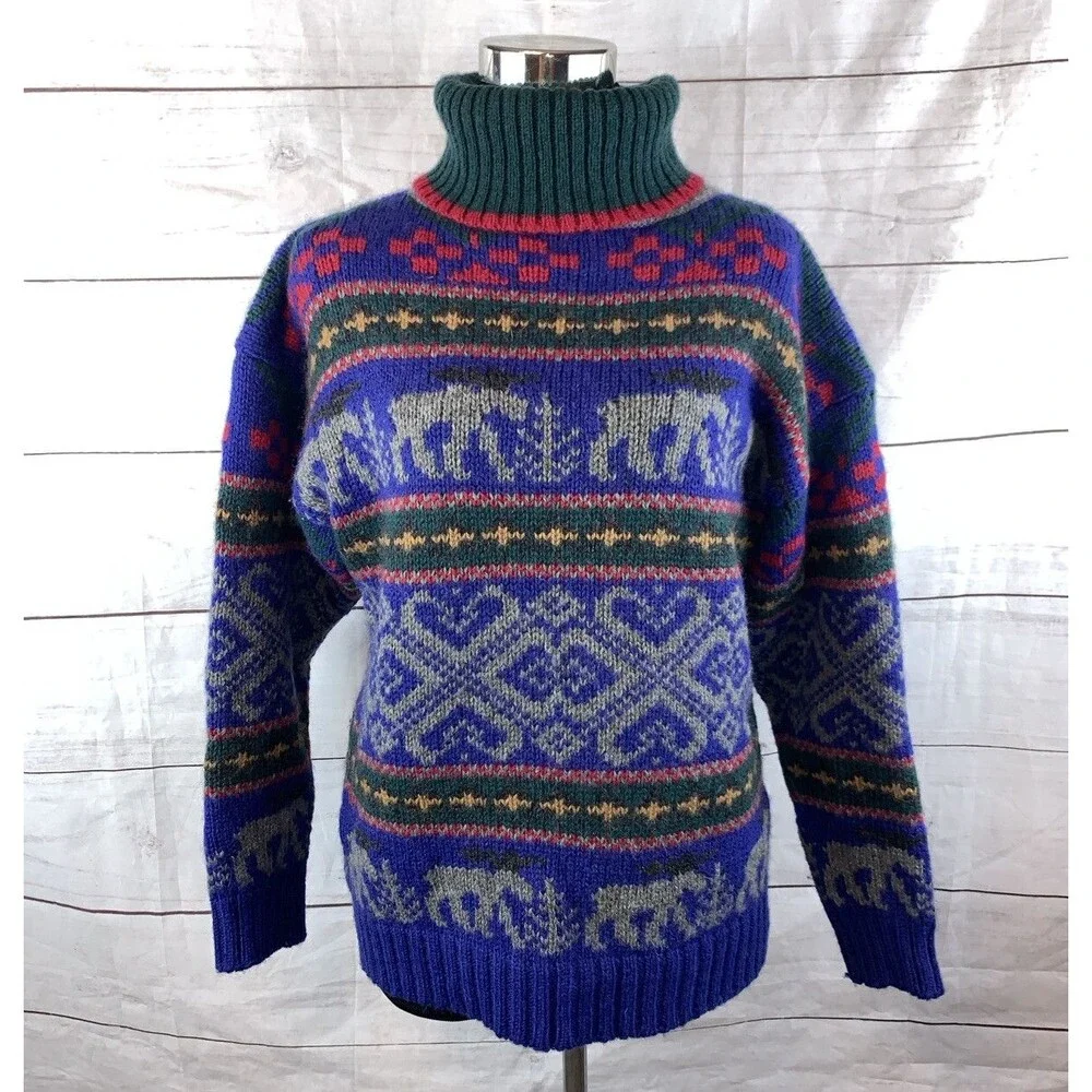 Eddie Bauer Sweater Pullover Vintage Wool turtleneck Deer Animals Geometric Aran - Picture 4 of 16